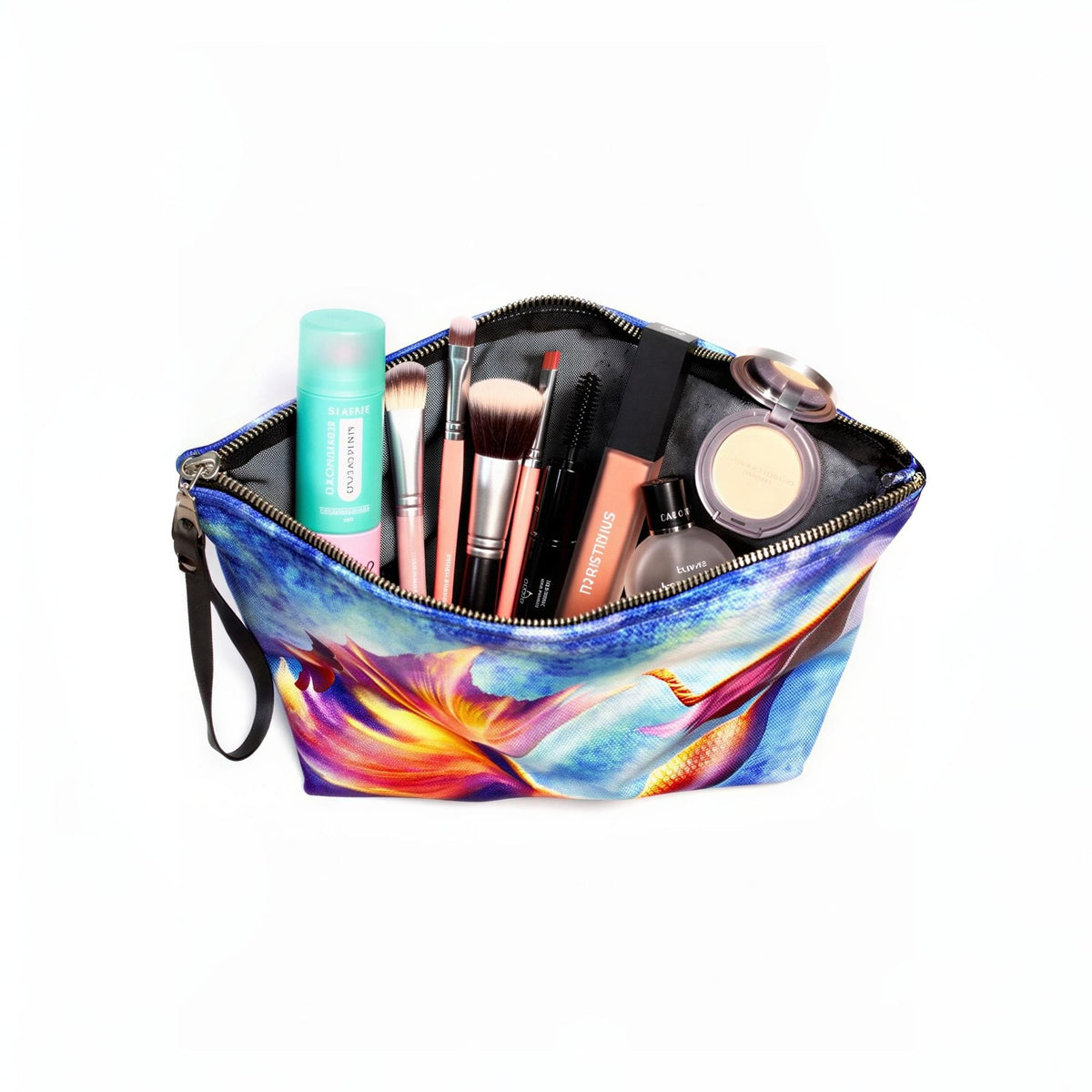 open mermaid makeup bag filled with brushes and makeup items (cosmetics)