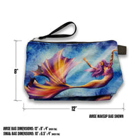 size chart showing small and large mermaid makeup bag dimensions