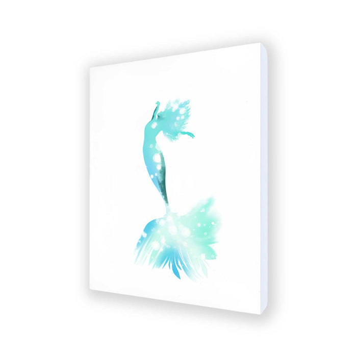 Aqua mermaid wall art on canvas with soft coastal watercolor tones.