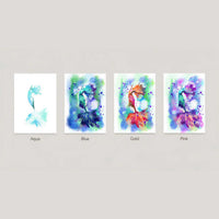 Four color variants of Breathing Water mermaid artwork in aqua, blue, gold, and pink.