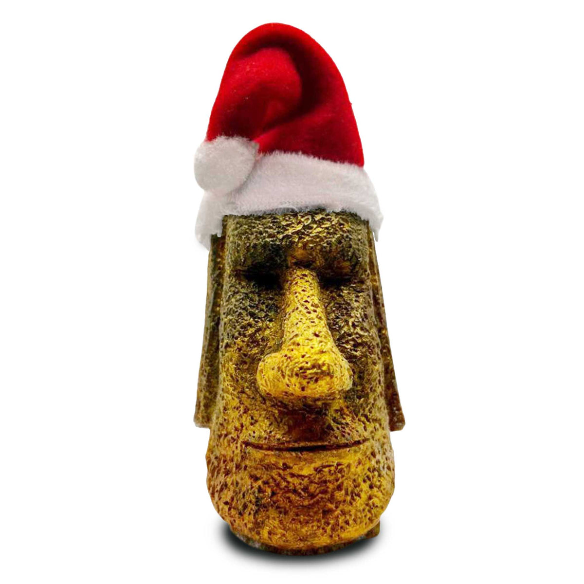 gold merry moai tiki-style ornament with santa hat