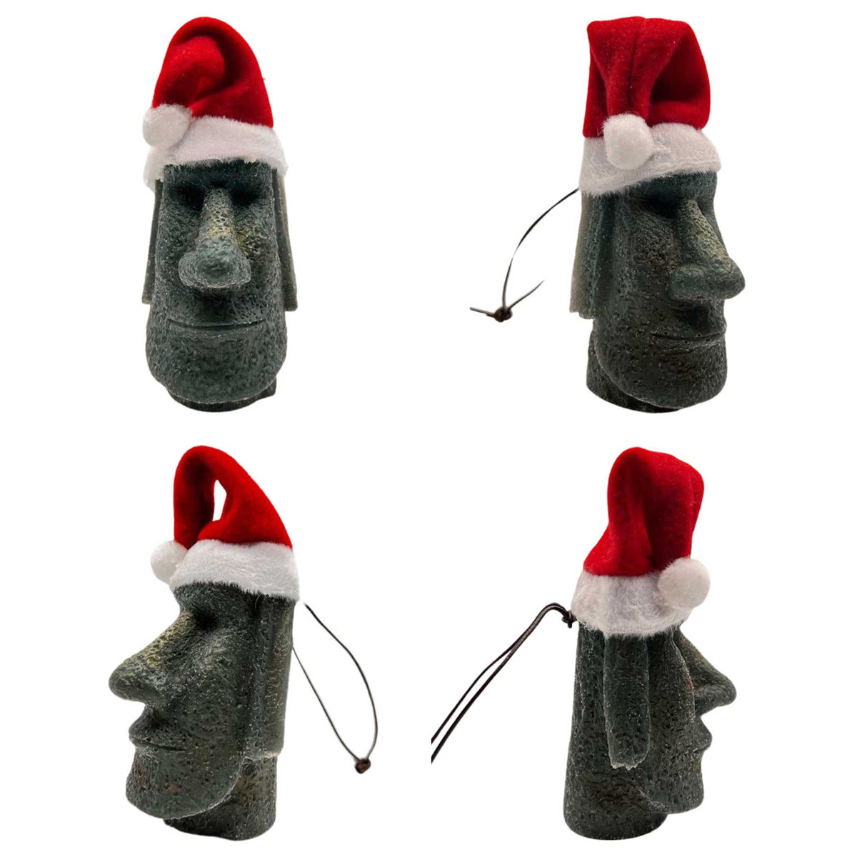 Green Merry Moai tiki ornament showing multiple angles