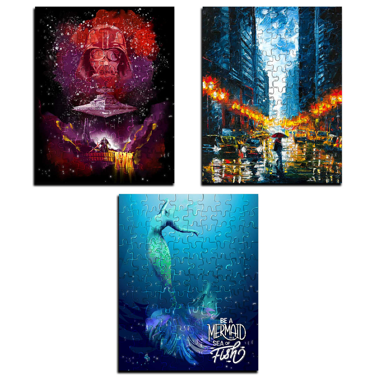 Three mini-art puzzles on a white background - a Star Wars Dark Side puzzle, an urban art scene puzzle, and a mermaid puzzle