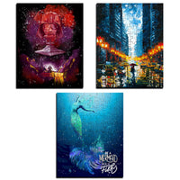 Three mini-art puzzles on a white background - a Star Wars Dark Side puzzle, an urban art scene puzzle, and a mermaid puzzle
