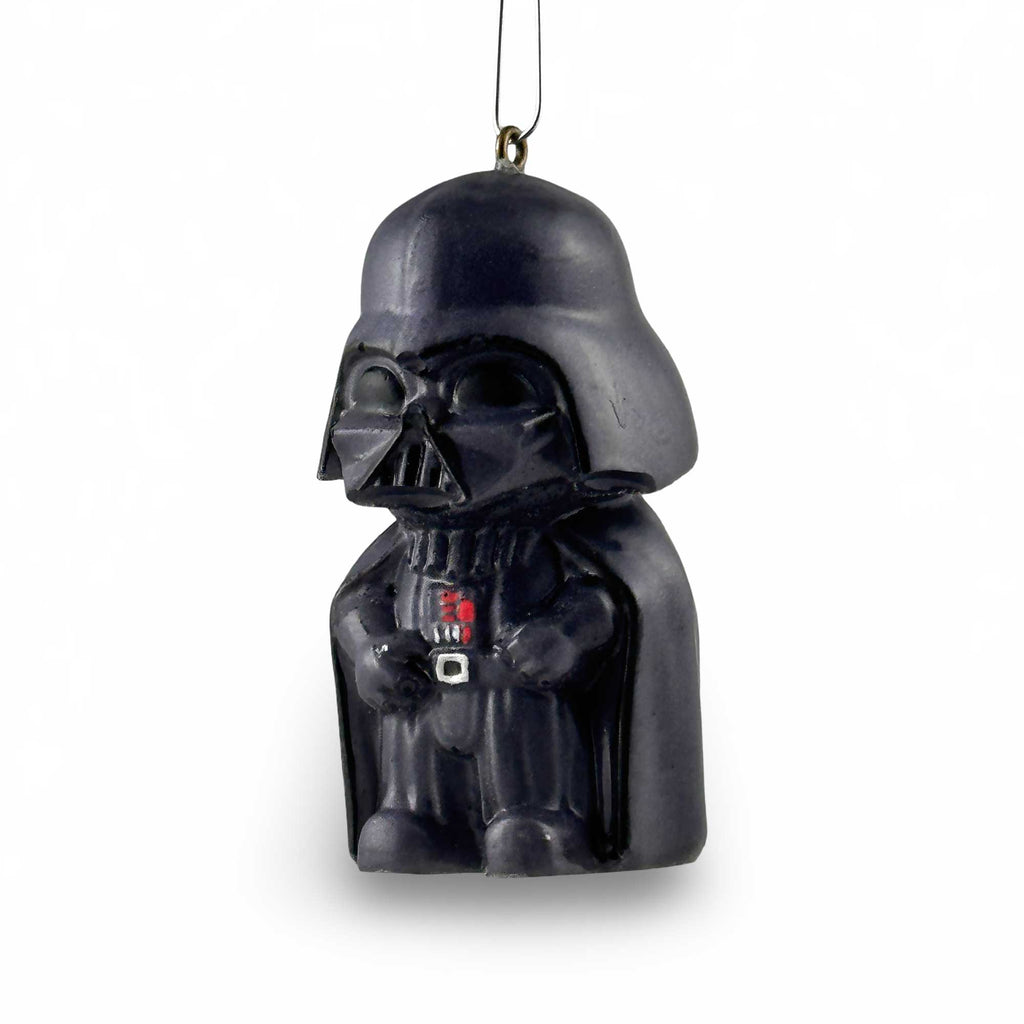 Black Mini Darth Vader holiday ornament inspired by Star Wars, hanging on a Christmas ornament hook.