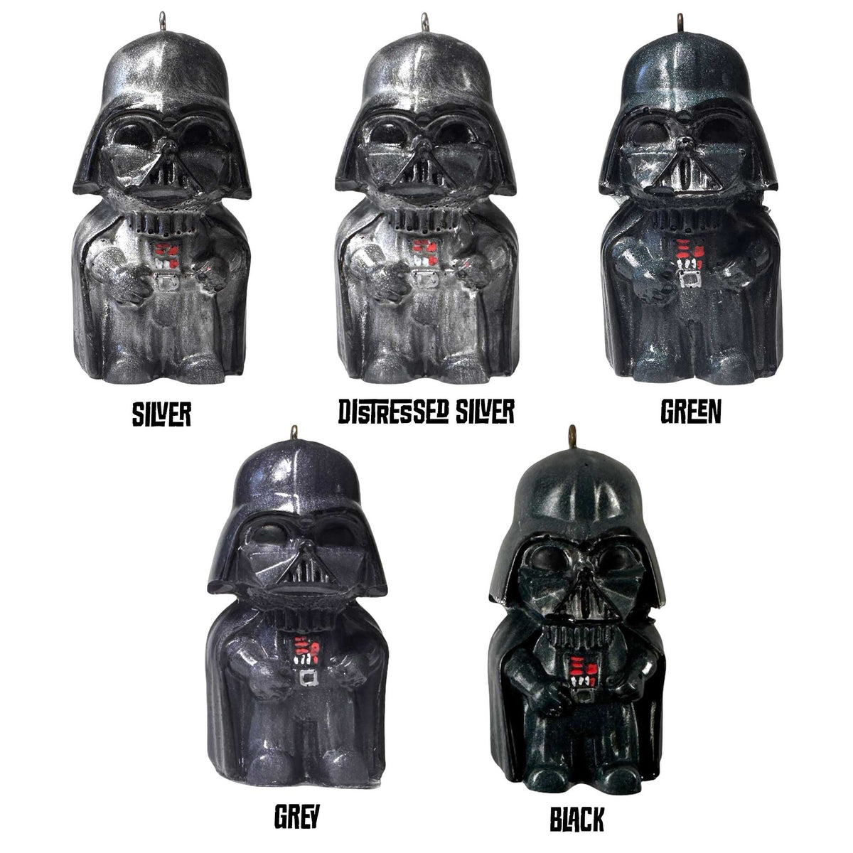 Mini Darth Vader holiday ornaments in five colors displayed together for Star Wars collectors.