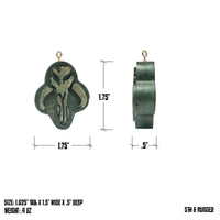 Star Wars inspired Mini Mythosaur Crest ornament with front and side view dimension chart