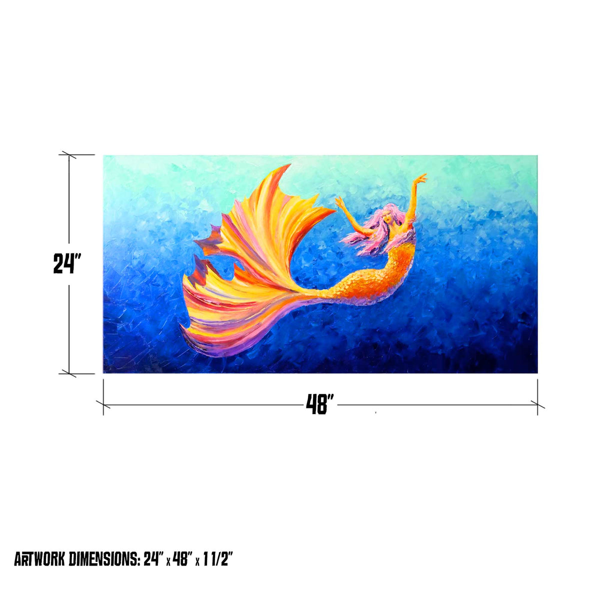 Size chart for Mischief mermaid artwork, displaying 24 x 48 inch palette-knife oil painting dimensions.