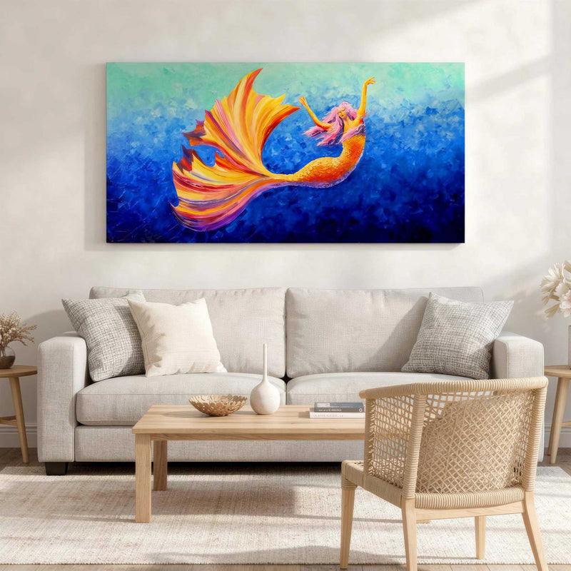 Mischief mermaid painting displayed in a modern, beach-style living room, showcasing large coastal artwork in a room.