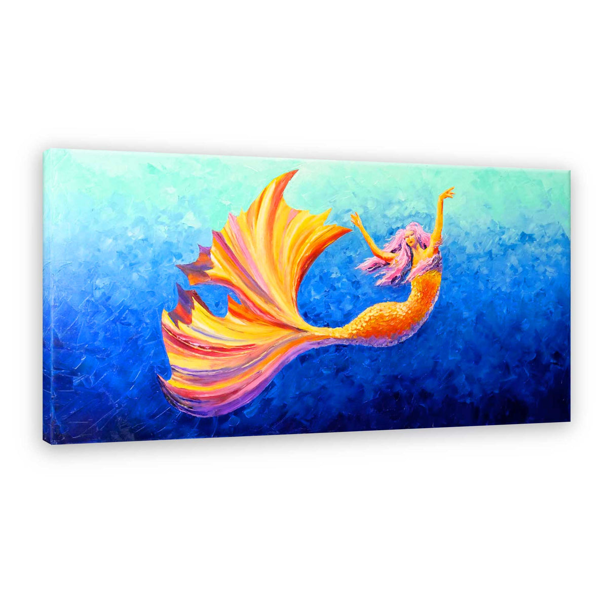 Full canvas view of Mischief mermaid palette-knife oil painting on white background.