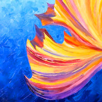 Close-up of the mermaid’s flowing tail from Mischief palette-knife oil painting, showing rich orange and purple strokes.