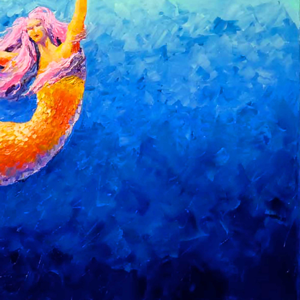 Close-up detail of Mischief mermaid oil painting showing upper body, palette-knife texture, and vibrant colors.