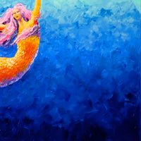 Close-up detail of Mischief mermaid oil painting showing upper body, palette-knife texture, and vibrant colors.