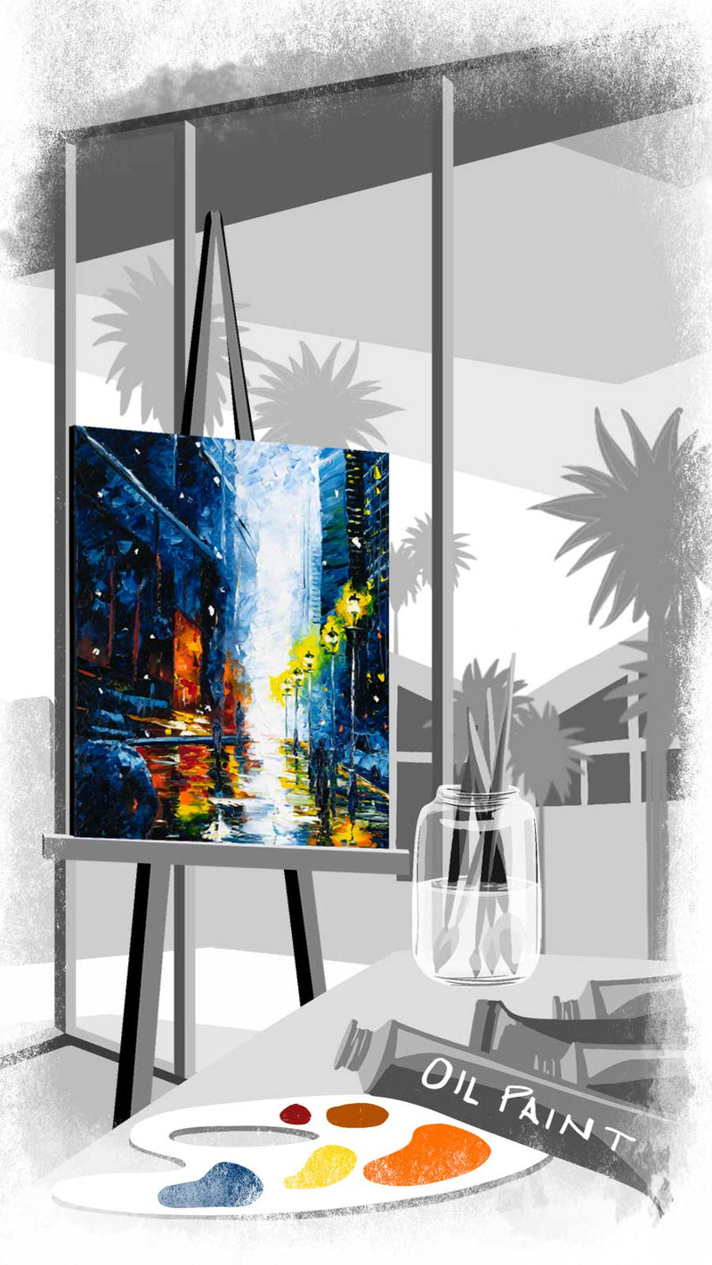 Colorful original urban artwork displayed in an illustration of a minimalist artist studio on an easel