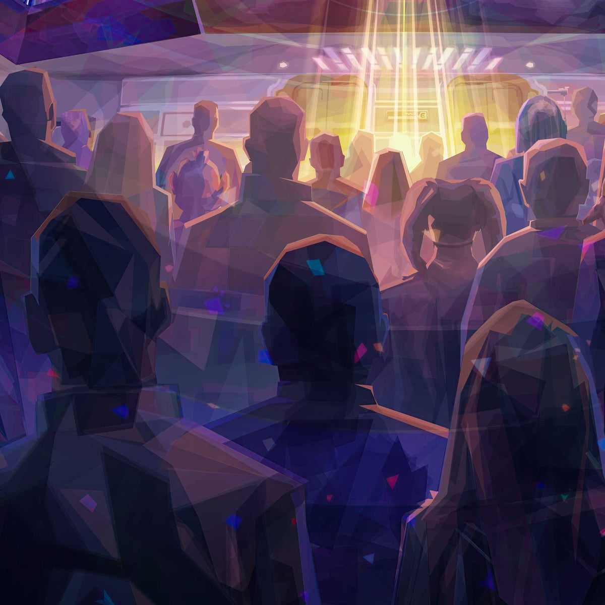 Detail of A Moment of Many Paths showing passengers gathered in the Halcyon Atrium
