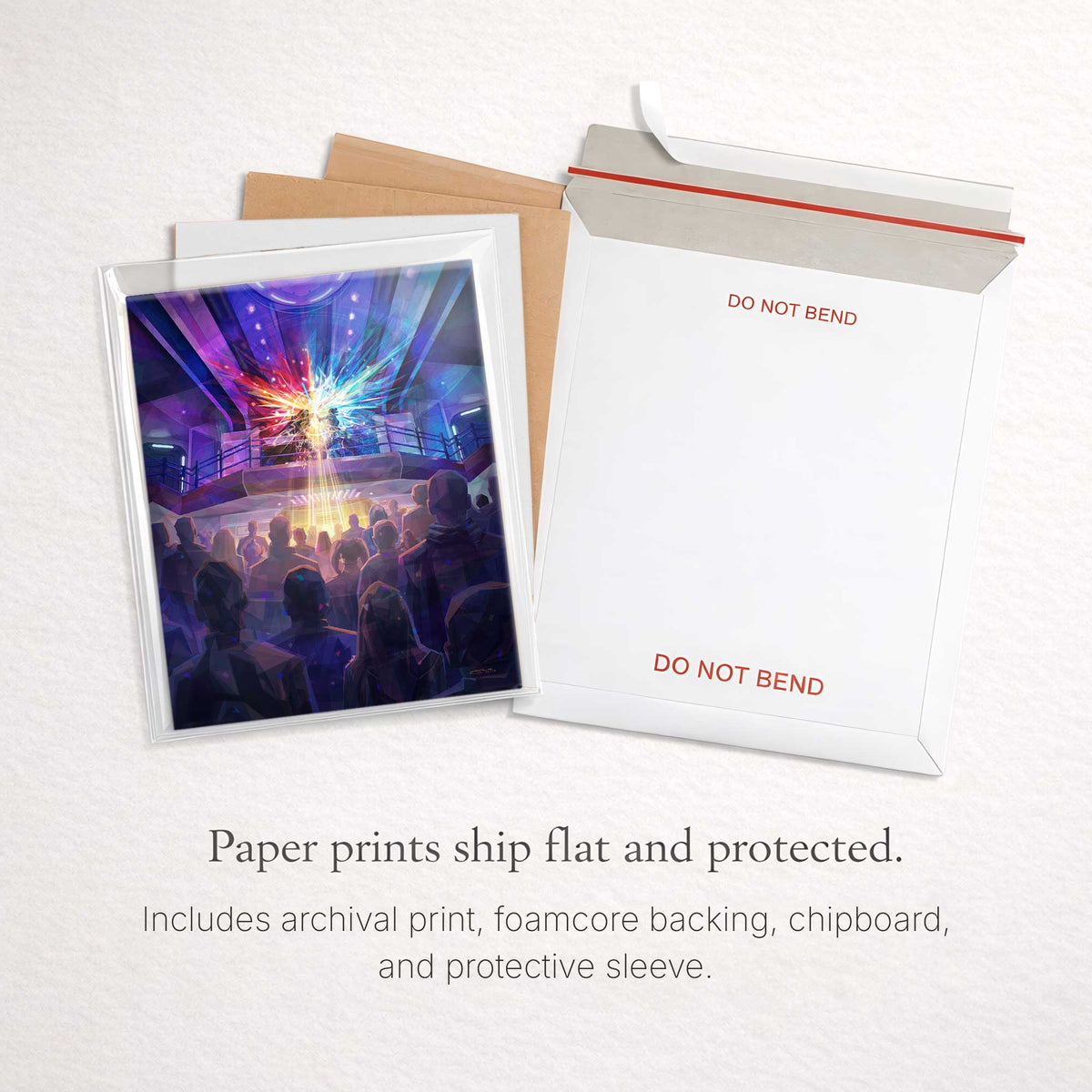 A Moment of Many Paths paper print packaged flat with protective backing and mailer