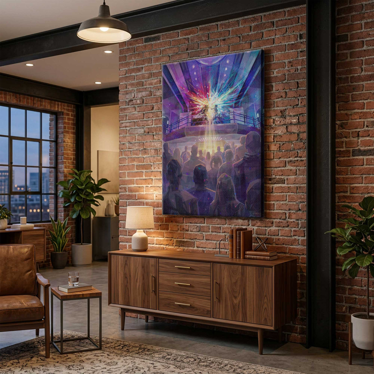 A Moment of Many Paths art print displayed on a brick wall in an urban living room