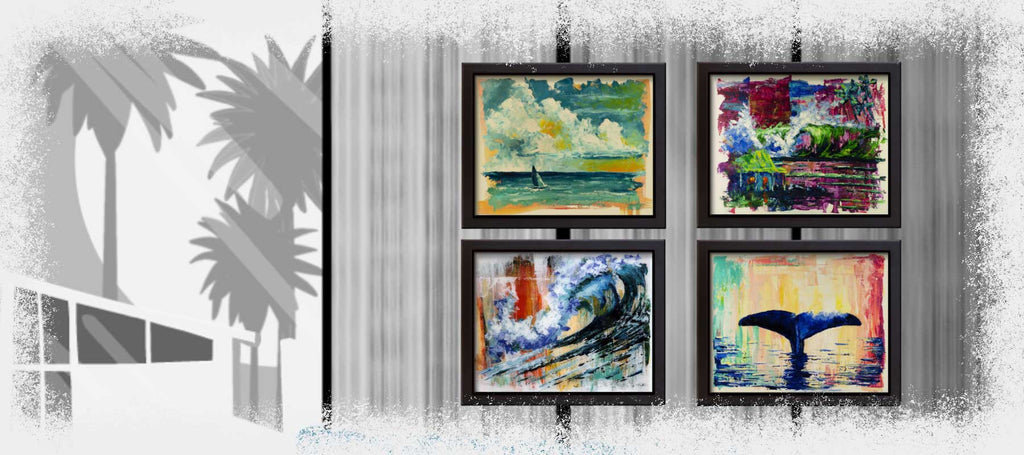 New original coastal art collection from 5th & Rugged — colorful seascapes and mid-century modern paintings displayed together in a Palm Springs-inspired room.