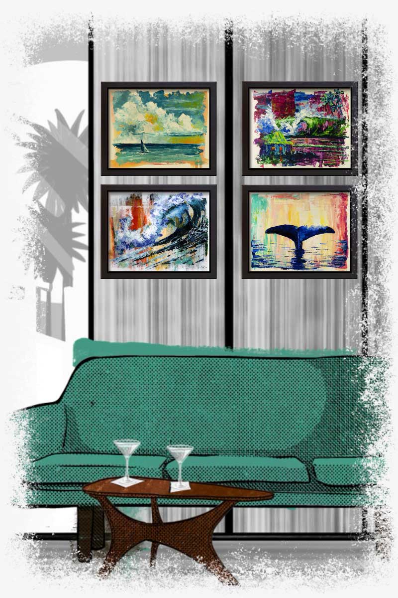 New original coastal art collection from 5th & Rugged — colorful seascapes and mid-century modern paintings displayed together in a Palm Springs-inspired room.