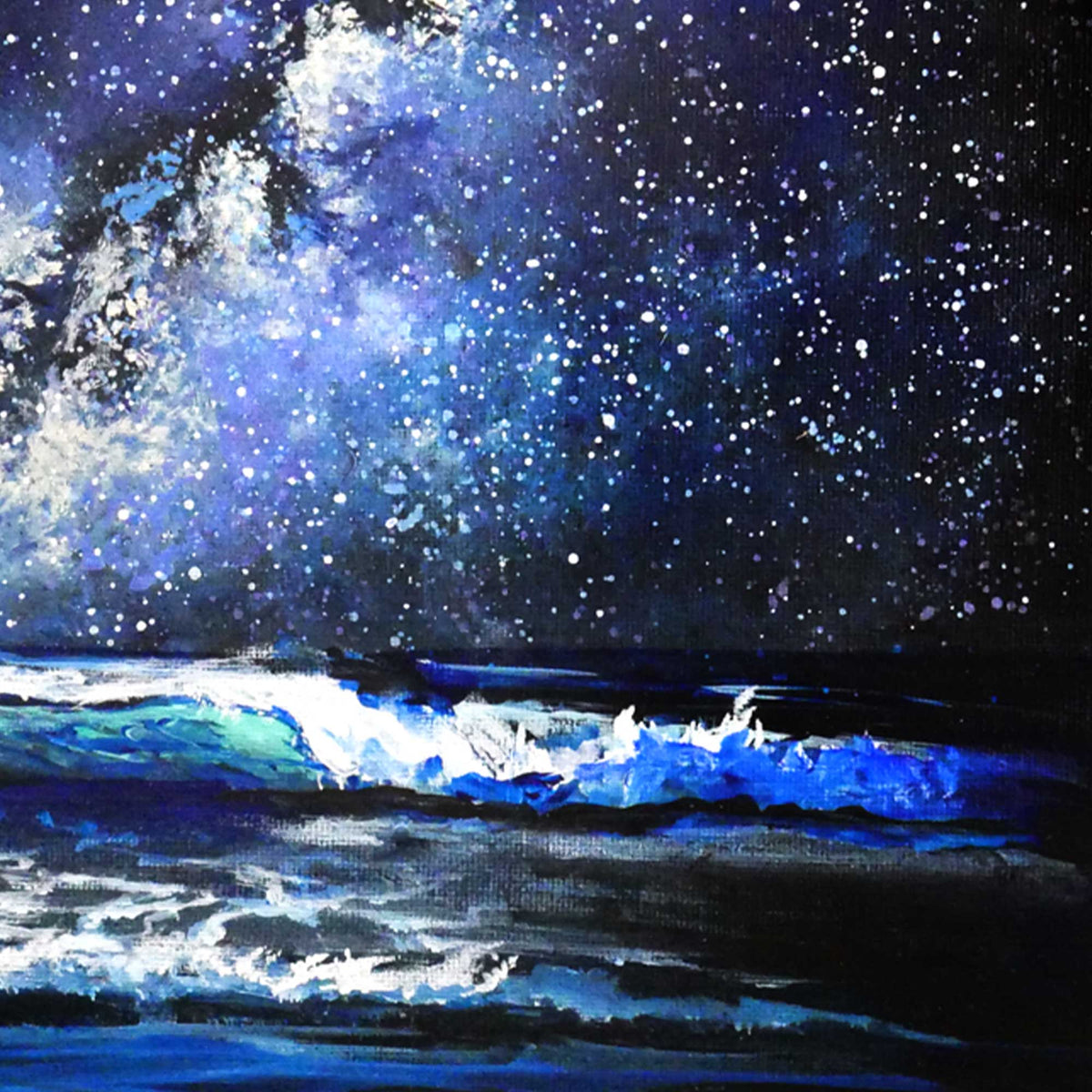 Detail of illuminated ocean wave breaking under starry night sky in original acrylic painting