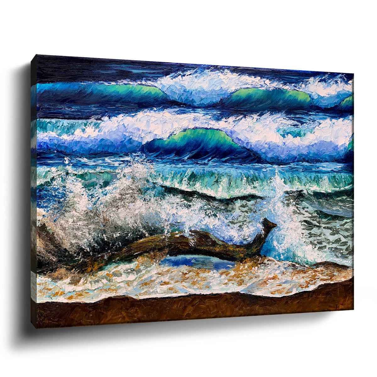 angled view of gallery-wrapped ocean wave canvas with painted edges
