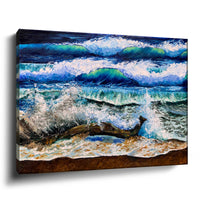 angled view of gallery-wrapped ocean wave canvas with painted edges