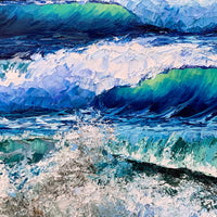 detailed view of blue and green breaking waves in palette knife style