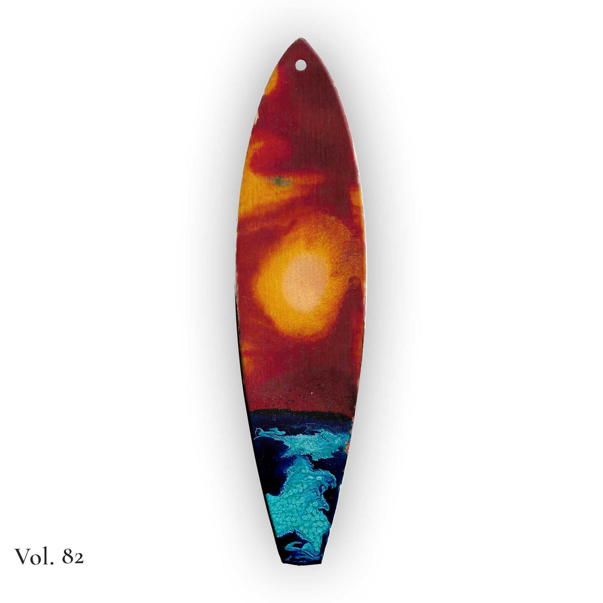 one of a kind surfboard ornament vol 82 with sunset tones and turquoise wave detail