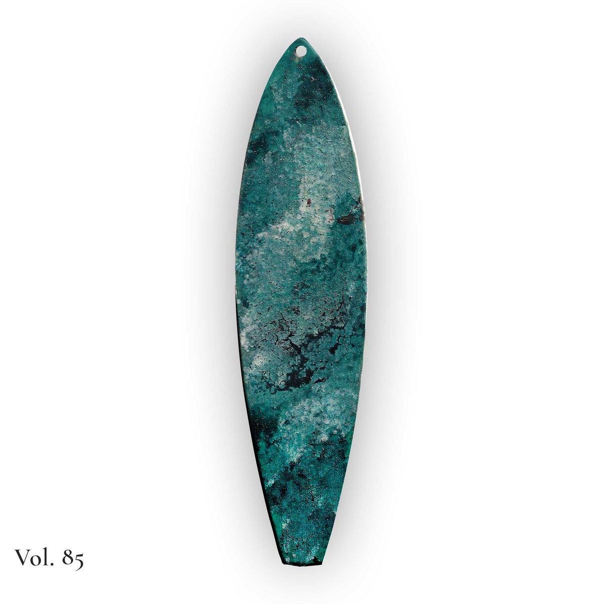 one of a kind surfboard ornament vol 85 with weathered teal tones and organic texture