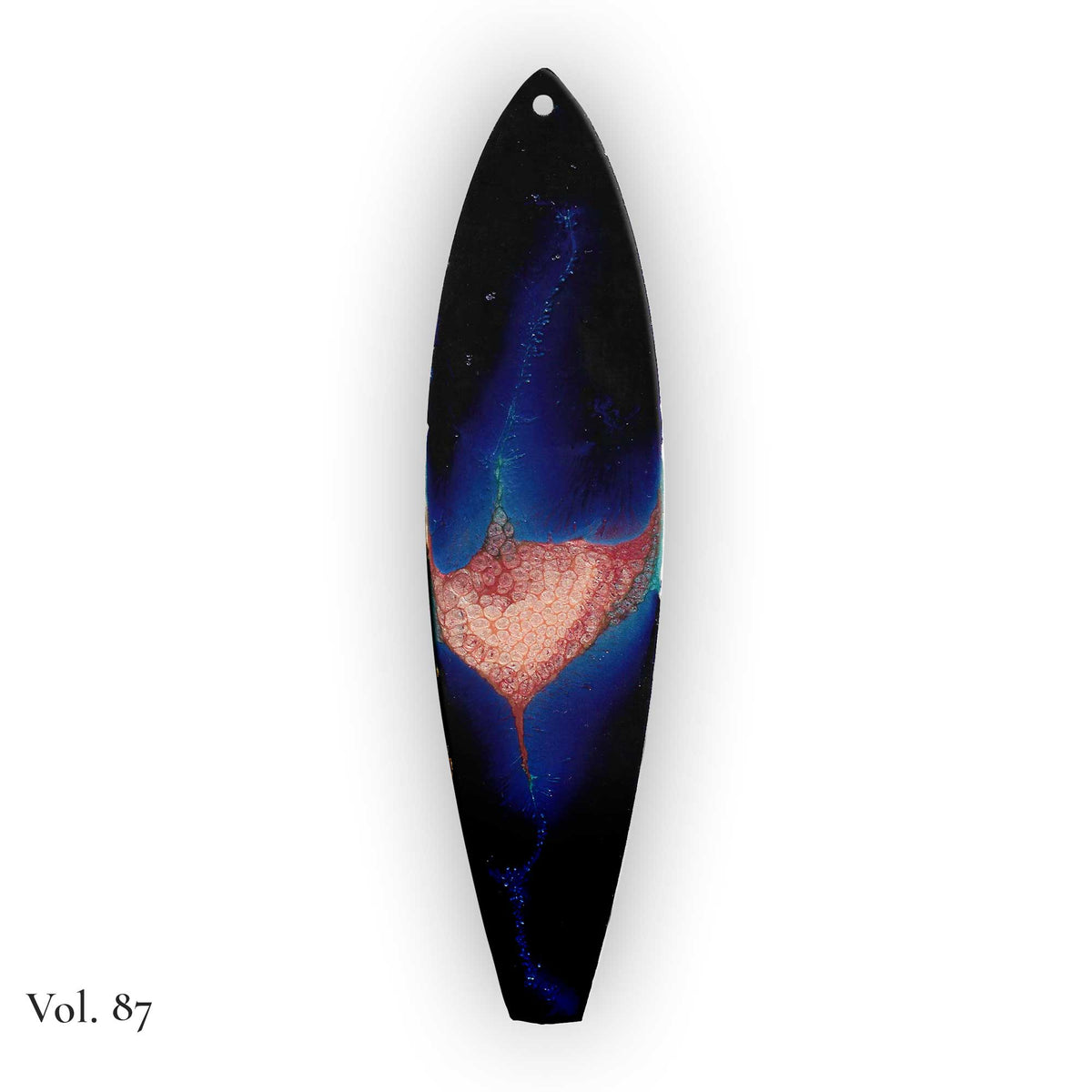 one of a kind surfboard ornament vol 87 with deep blue resin and heart shaped pour detail