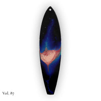 one of a kind surfboard ornament vol 87 with deep blue resin and heart shaped pour detail
