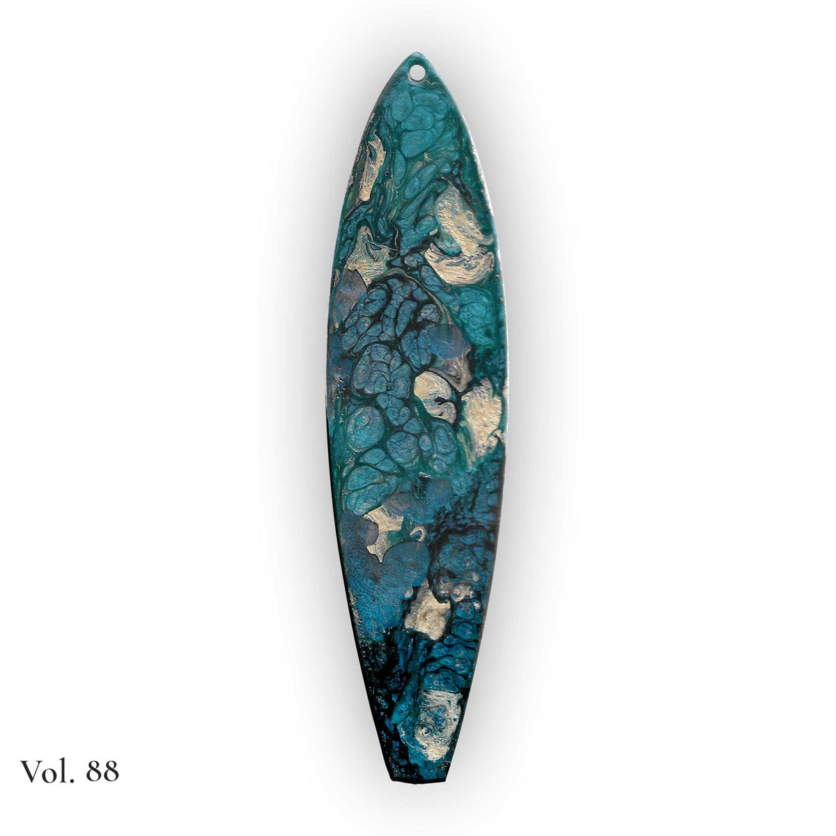 one of a kind surfboard ornament vol 88 with layered teal resin and pearl cellular patterns
