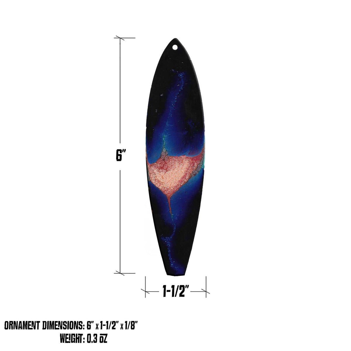 indigo, pink, and light blue stylized surfboard ornament dimensions shown as 6 inches by 1.5 inches