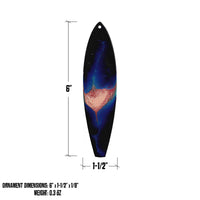 indigo, pink, and light blue stylized surfboard ornament dimensions shown as 6 inches by 1.5 inches
