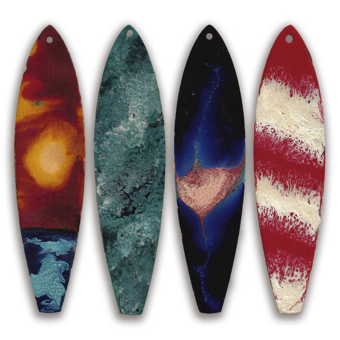 one of a kind hand painted surfboard ornaments shown together