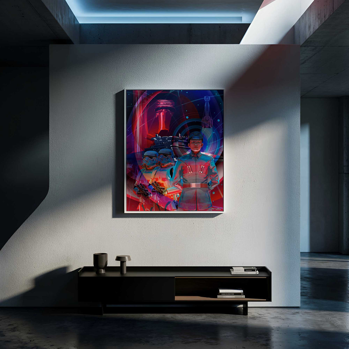 Order Above All Star Wars inspired Imperial artwork displayed in a dark modern minimalist interior with cinematic lighting