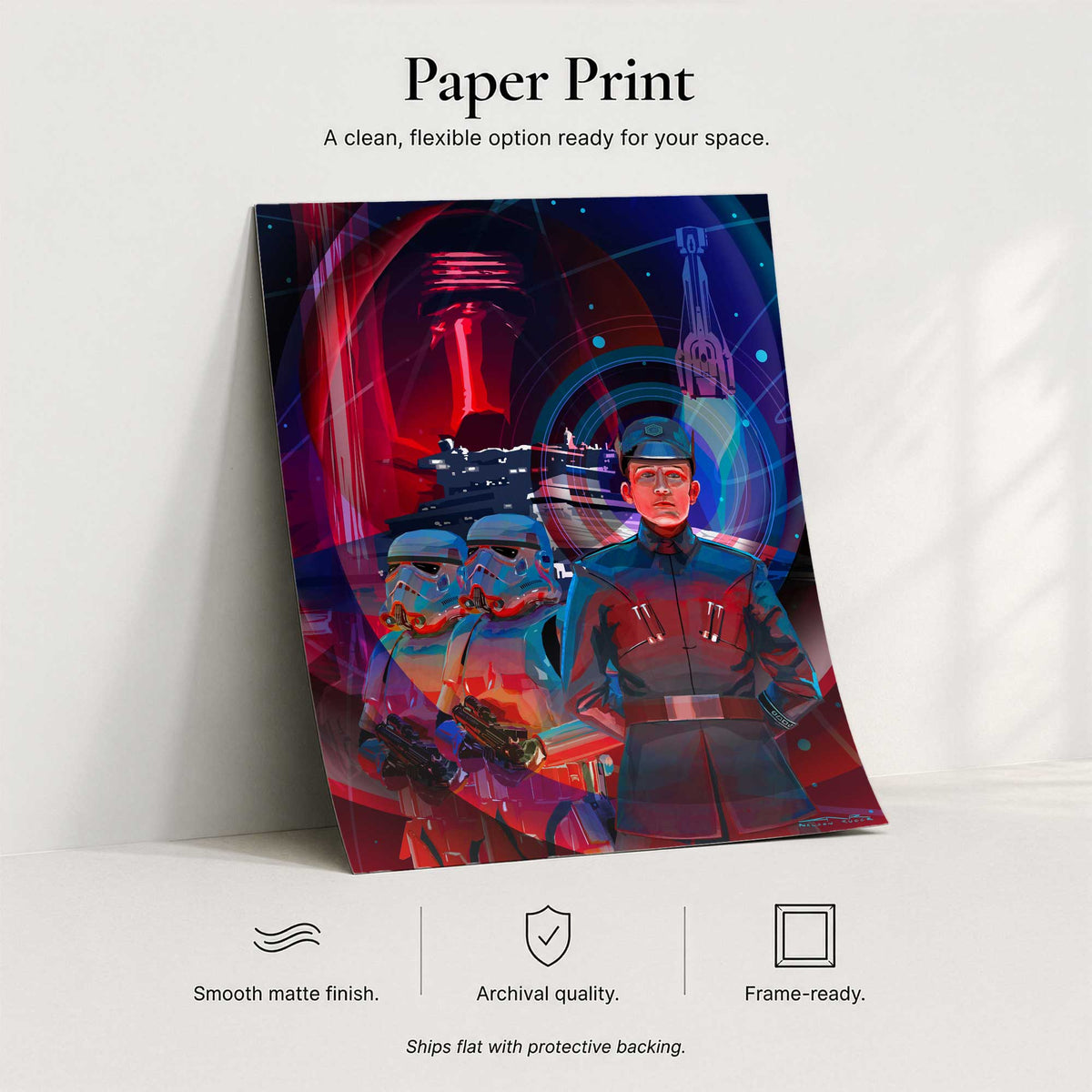 Paper print product display for Order Above All Star Wars inspired artwork showing archival matte paper finish and frame-ready presentation