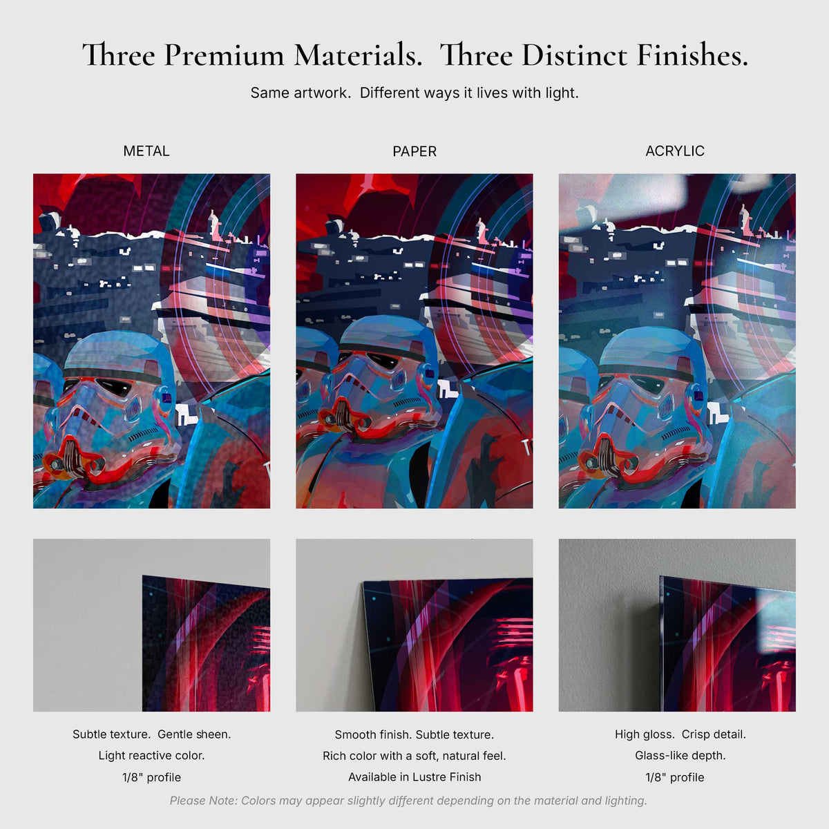 Comparison graphic showing metal, paper, and acrylic finishes for Order Above All Star Wars inspired wall art with texture and edge detail