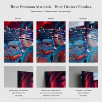 Comparison graphic showing metal, paper, and acrylic finishes for Order Above All Star Wars inspired wall art with texture and edge detail