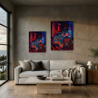 Size comparison graphic for Order Above All Star Wars inspired wall art showing 24x30 and 30x40 print sizes above a modern sofa