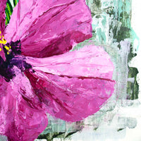 Close up detail of pink hibiscus petals with thick acrylic brushstrokes and layered texture