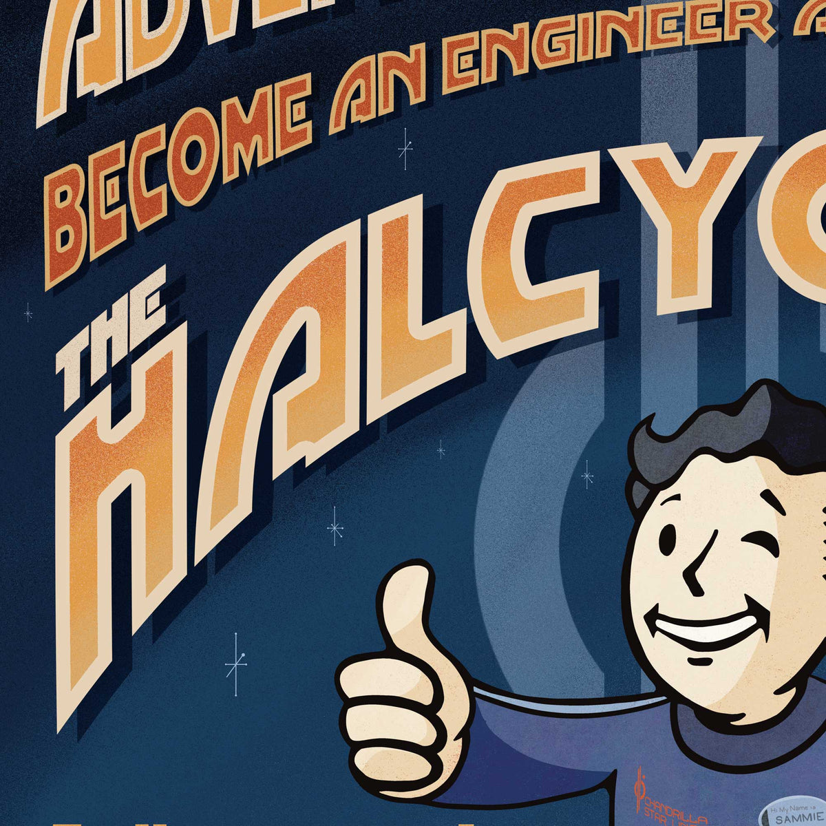 Retro recruitment poster typography detail from Pip-Boy Sammie Halcyon tribute artwork