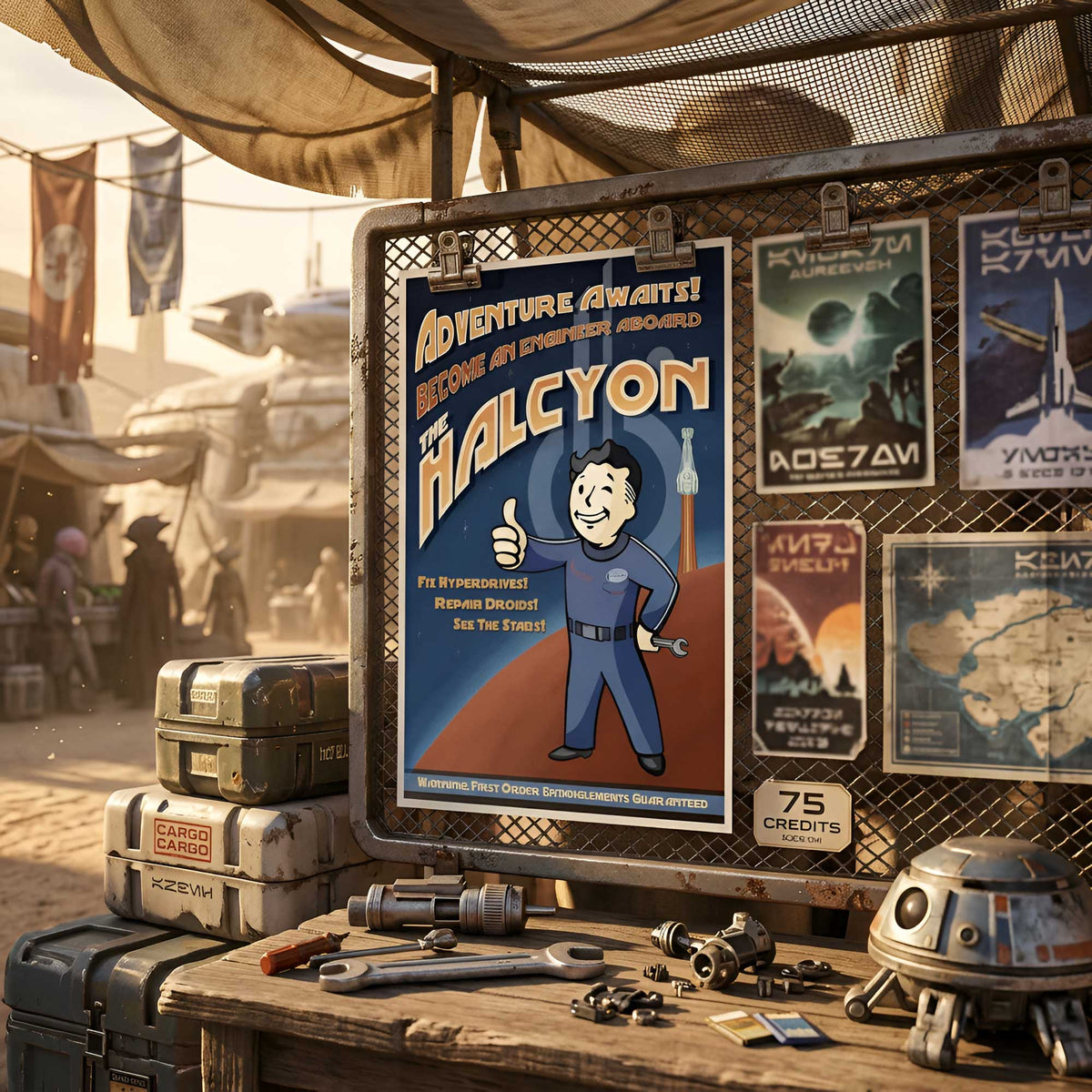 Pip-Boy Sammie Halcyon crew poster displayed in Batuu marketplace setting