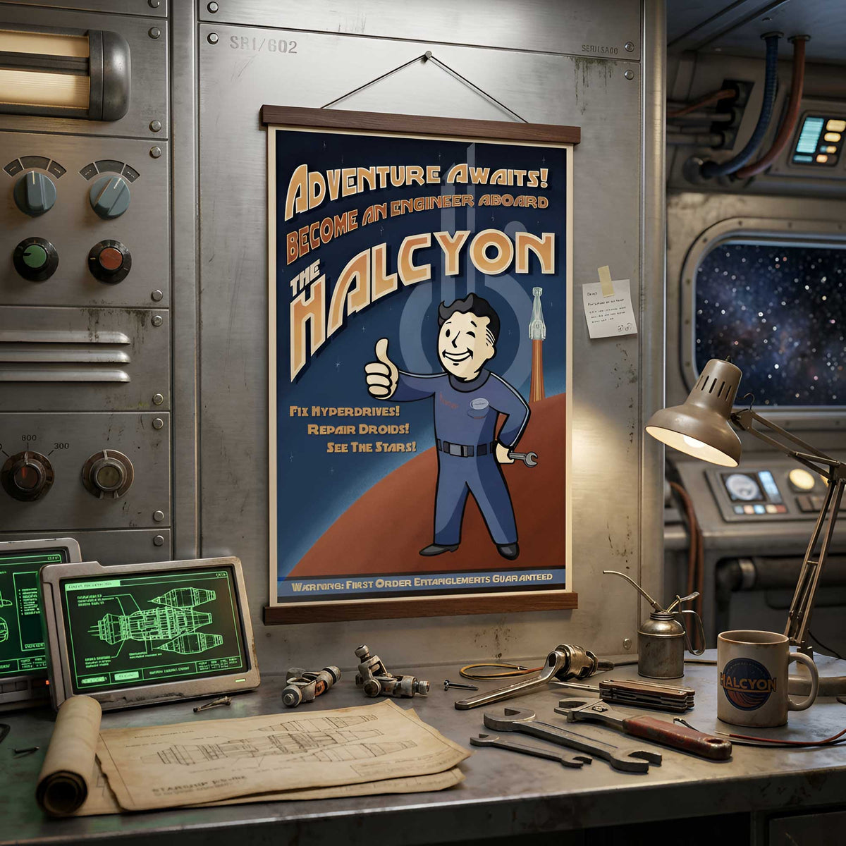 Pip-Boy Sammie Halcyon crew tribute poster hanging in starship engineering bay