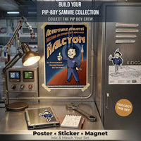 Pip-Boy Sammie poster sticker and magnet set inspired by Galactic Starcruiser engineer Sammie in retro Fallout Pip-Boy recruitment poster style