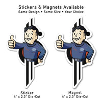 Pip-Boy Sammie die-cut sticker and magnet side by side, same 4x2.3 size, inspired by the Star Wars Galactic Starcruiser Halcyon.