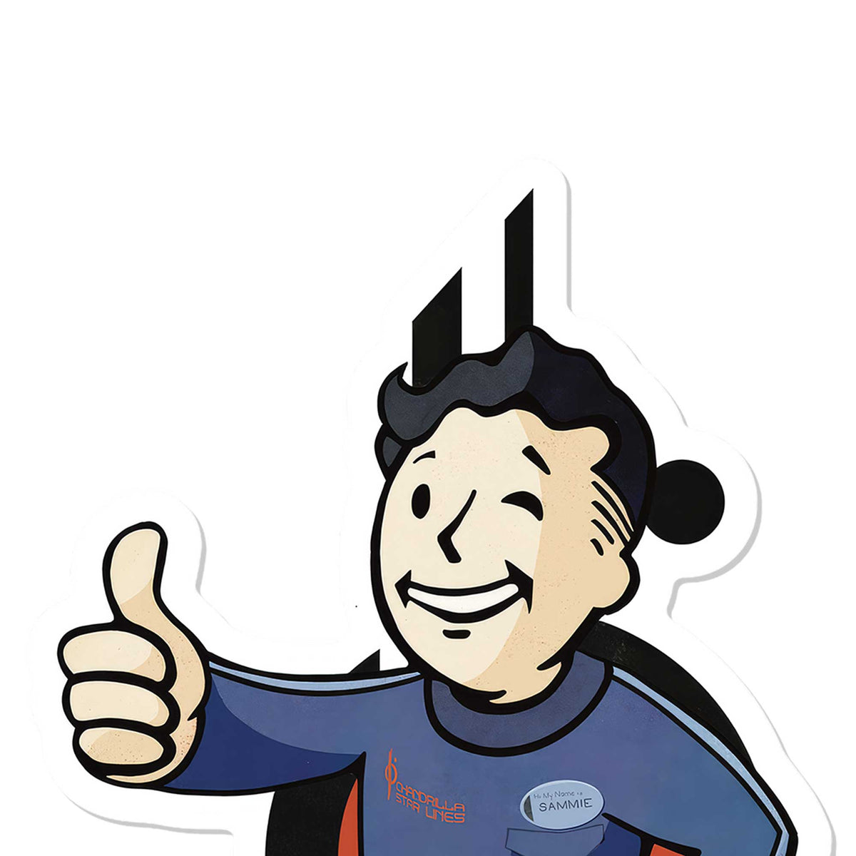 Close-up of Pip-Boy Sammie sticker face and upper artwork with clean vinyl print details.