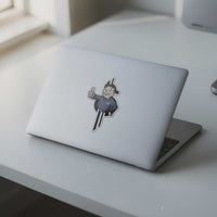 Pip-Boy Sammie sticker displayed on a laptop, Star Wars Galactic Starcruiser-inspired accessory for fans.