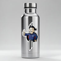 Pip-Boy Sammie die-cut sticker applied to a stainless-steel water bottle, Star Wars Halcyon-themed accessory.