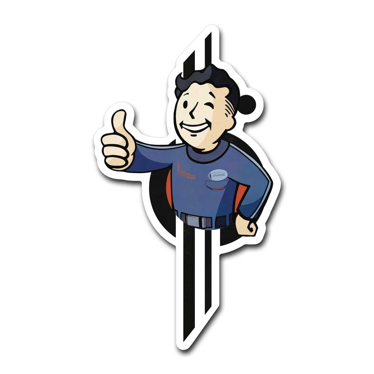 Pip-Boy Sammie die-cut vinyl sticker, Star Wars Galactic Starcruiser / Fallout-inspired design on white background.